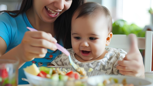 La madre está comiendo una ensalada con su bebé