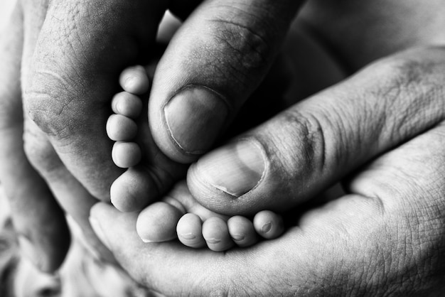 La madre está haciendo un masaje en el pie de su bebé Primer plano de los pies del bebé en las manos de la madre Prevención del desarrollo de pies planos displasia del tono muscular Conceptos de cuidado y salud del amor familiar Blanco y negro