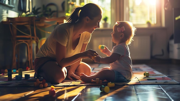 Una madre está jugando con su bebé en el suelo ambos están sonriendo y parecen felices la habitación es brillante y soleada