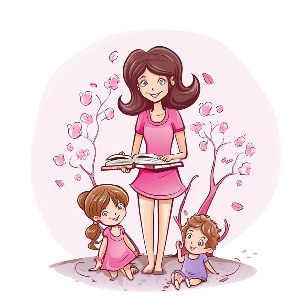 Una madre le está leyendo un libro a sus dos hijos bajo un cerezo en flor