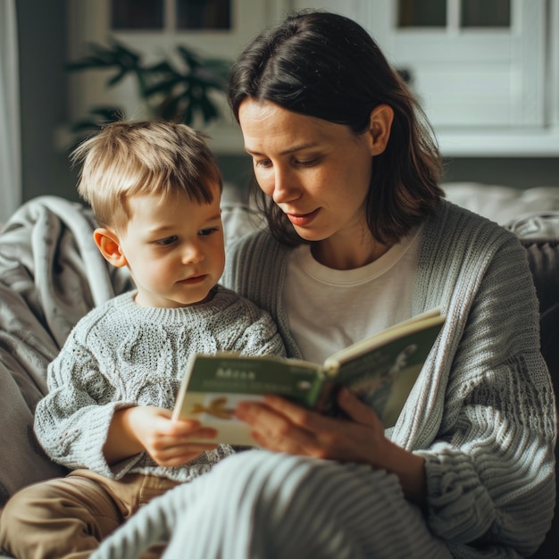 La madre está sentada en una silla con su hijo y le está leyendo un libro