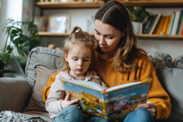 La madre está sentada en un sofá con su hija y le está leyendo un libro