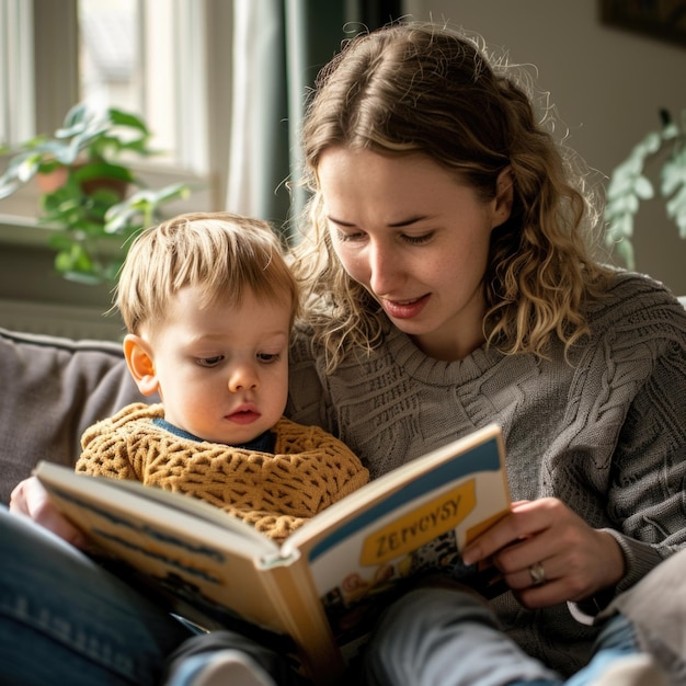 La madre está sentada en un sofá con su hijo y le está leyendo un libro