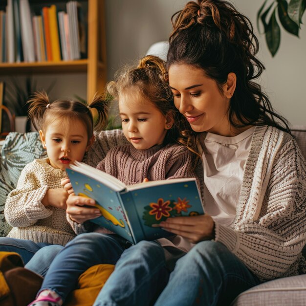 La madre está sentada en un sofá con sus hijas y les está leyendo un libro