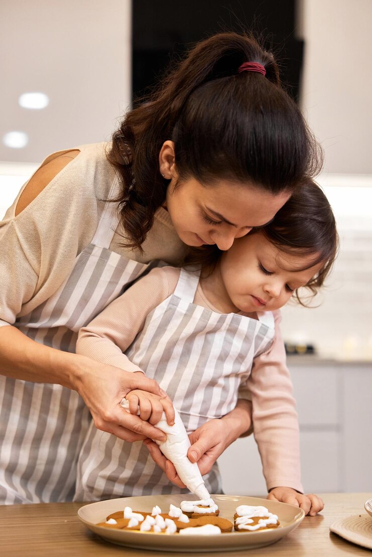 Madre feliz y niña pequeña hornean galletas en la cocina de casa