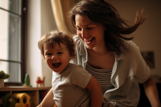 Madre feliz y su hijo jugando juntos en casa en la sala de estar abrazo en casa y fin de semana tiempo de juego estilo de vida para la madre padre AI generado