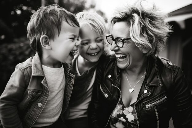 Foto madre feliz teniendo un momento tierno con sus hijos en un día de verano madre y dos hermanos riendo