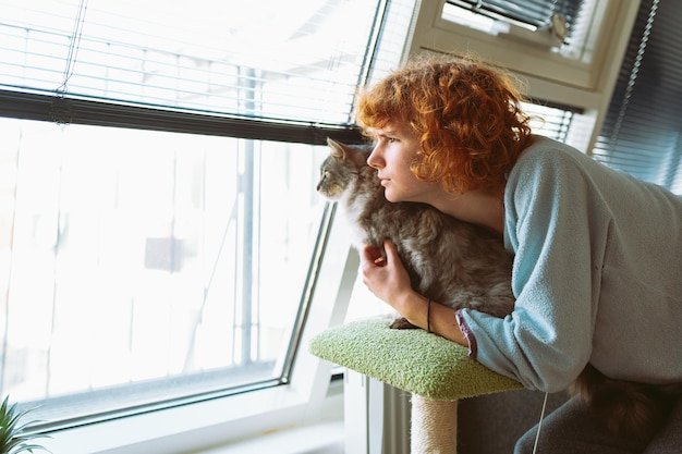 La madre gato cepilla a su mascota peluda