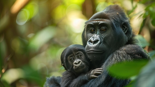 Madre gorila y bebé en la jungla