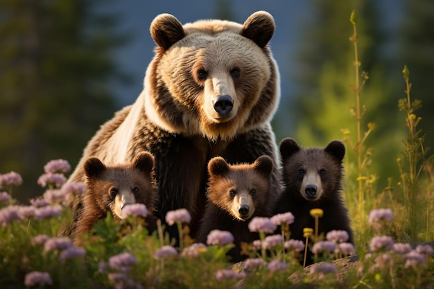 Foto madre grizzly y dos cachorros en la ladera de la montaña