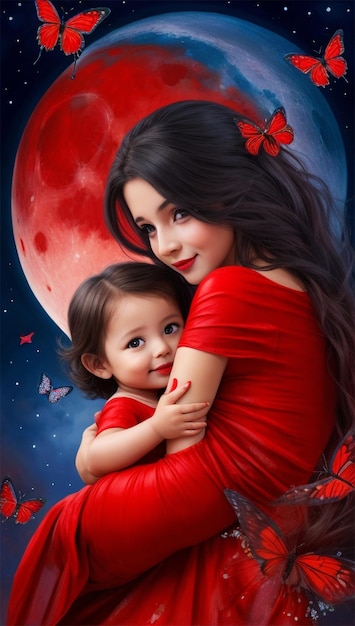 Madre hermosa con un niño lindo en sus brazos pintado con pinturas rojas