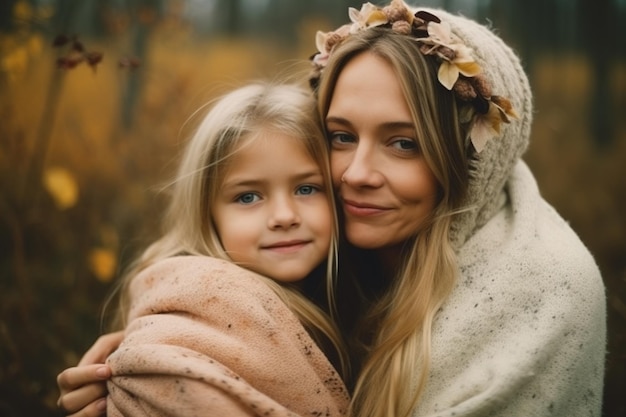 Una madre y una hija abrazándose en el bosque de otoño.