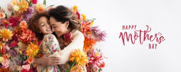 Una madre y una hija abrazándose rodeadas de flores.