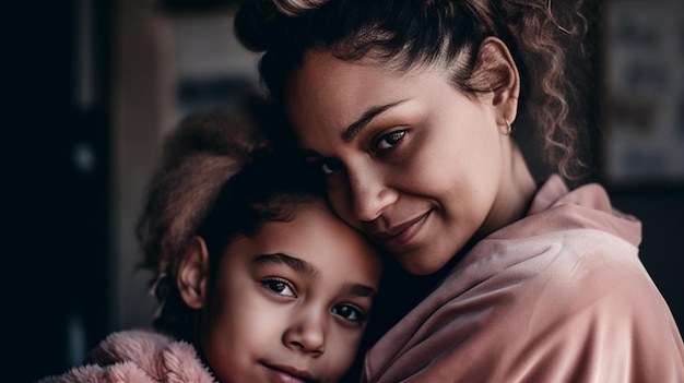 Una madre y una hija abrazándose y sonriendo