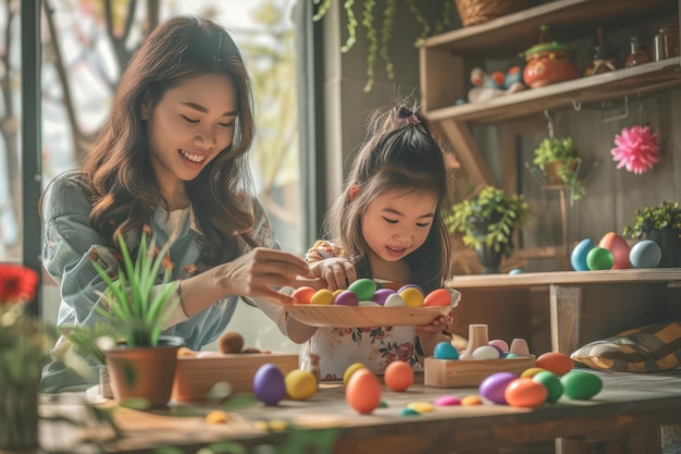 Una madre y una hija adorables decorando huevos de Pascua en casa.