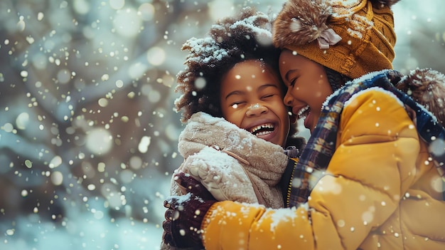 Madre y hija africanas divirtiéndose juntas durante el invierno al aire libre