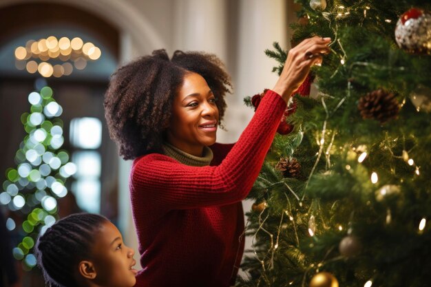 Madre y hija afroamericanas decoran un árbol de Navidad juntos