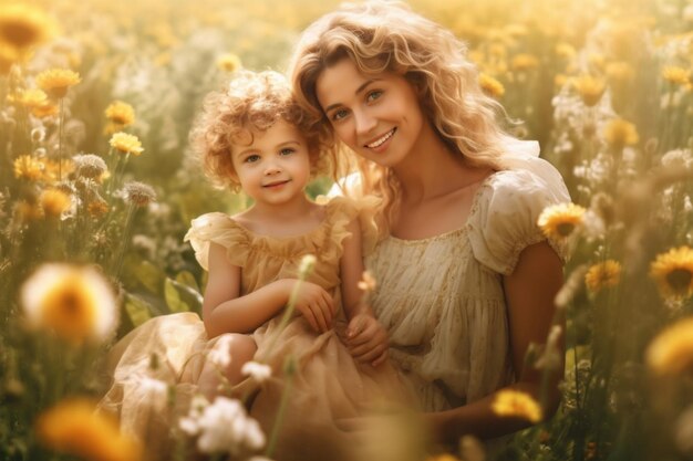 Una madre y una hija en un campo de flores.