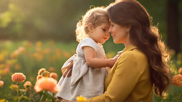 una madre y una hija en un campo de girasoles