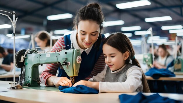 La madre con la hija cosían ropa en la fábrica.