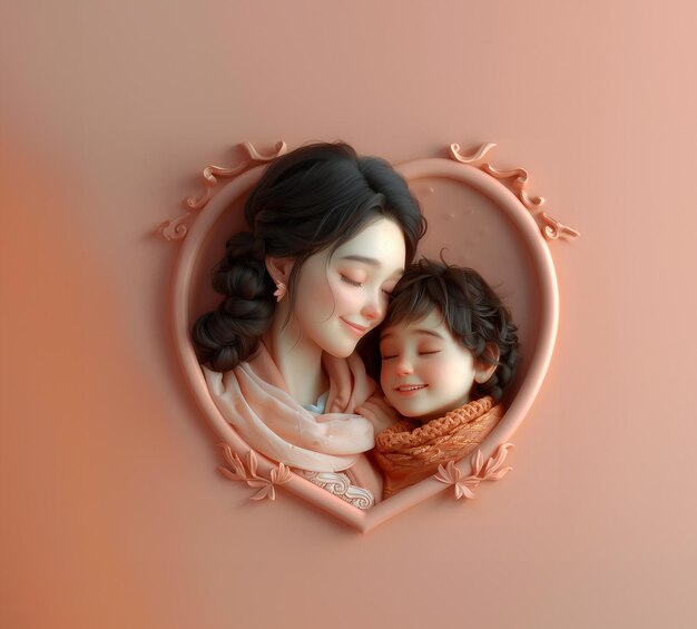 una madre y una hija están en un marco en forma de corazón
