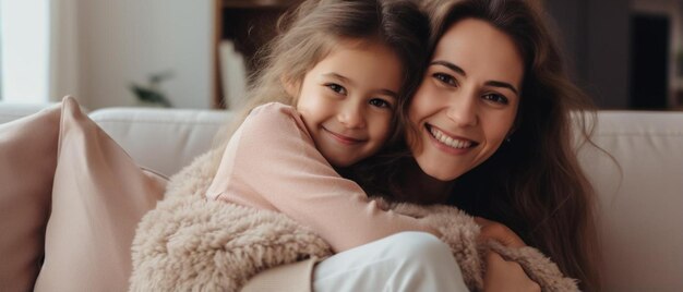 una madre y una hija están sentadas en un sofá