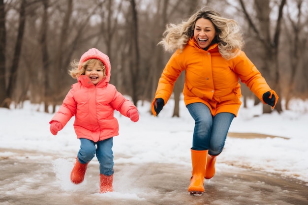Madre y hija felices con chaqueta brillante y botas de goma se divierten corriendo por charcos al aire libre