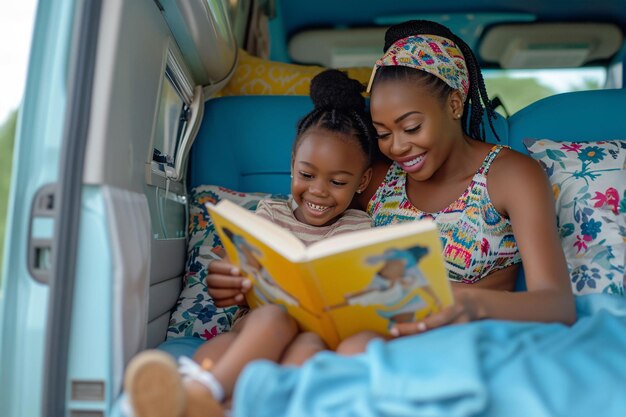 Foto madre y hija felices leyendo un libro en una furgoneta