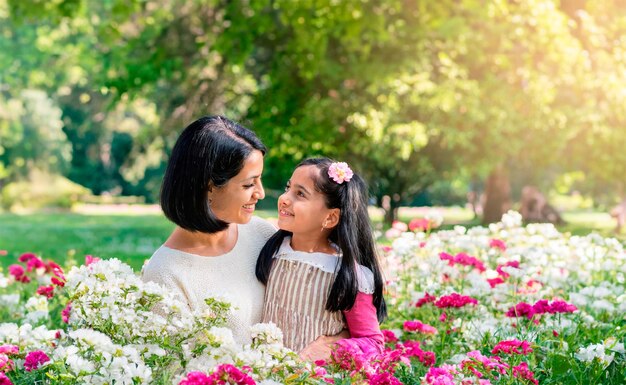 una madre y una hija en un jardín de flores