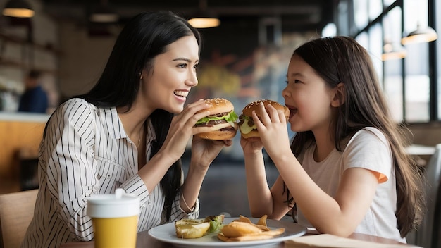 Foto una madre y una hija jóvenes comiendo una hamburguesa grande en un café.