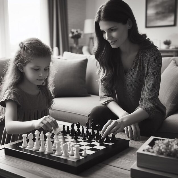 Foto una madre y una hija jugando al ajedrez