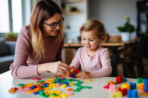 una madre y una hija jugando con bloques de colores en una mesa