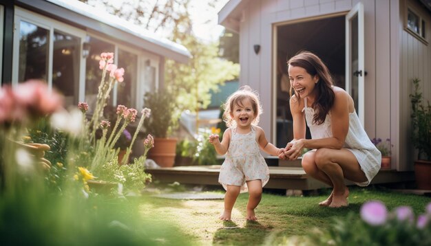 Foto una madre y una hija jugando en el jardín