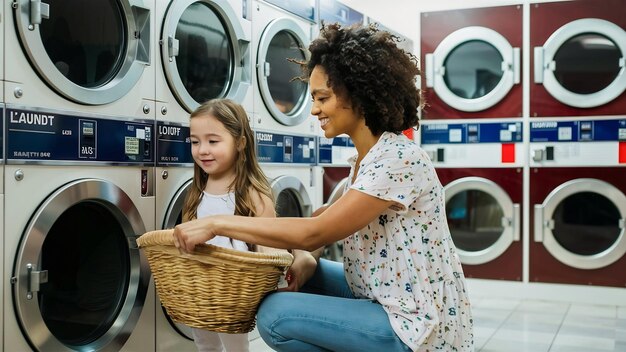 Madre con hija lavando la ropa en una lavandería de autoservicio