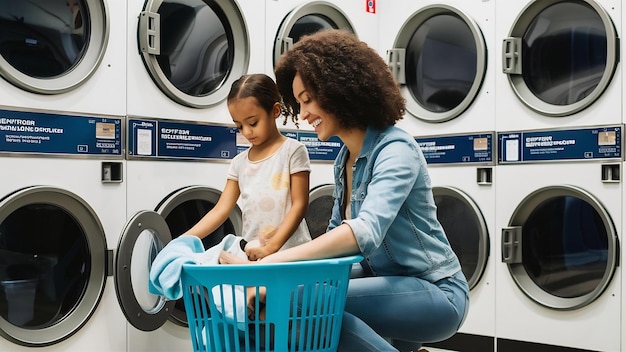 Madre con hija lavando la ropa en una lavandería de autoservicio