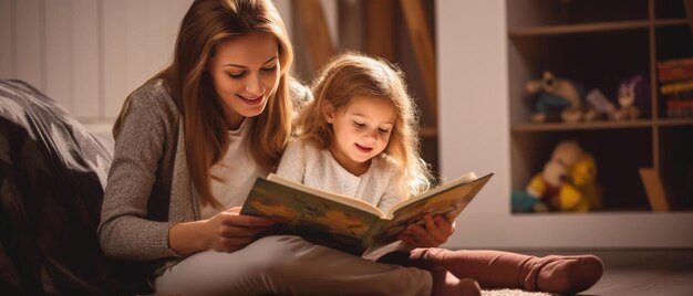 una madre y una hija leyendo un libro juntos