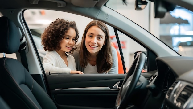 Madre con hija mirando dentro de un coche en una sala de exposición de automóviles