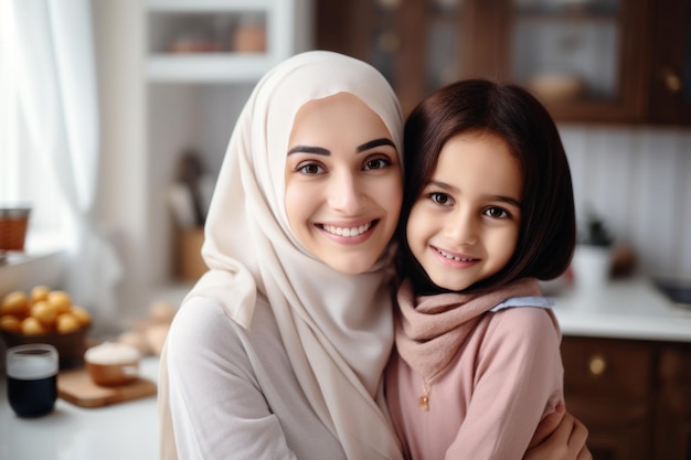 Madre y hija musulmanas felices posando en la cocina divirtiéndose en casa