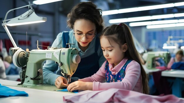 Madre con hija pequeña cosen ropa en la fábrica