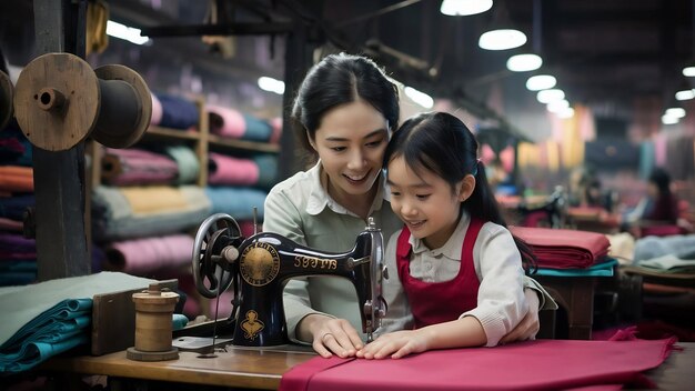 Madre con hija pequeña cosen ropa en la fábrica