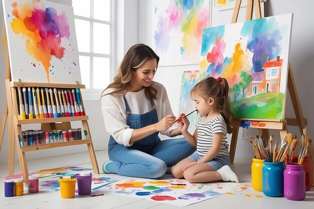 una madre y una hija pintando en una habitación con una pintura titulada