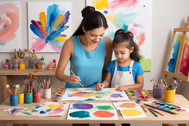 una madre y una hija pintando con pintura en ellos