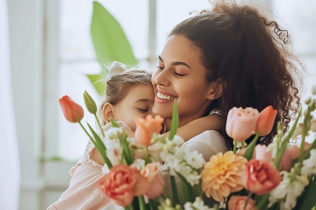 una madre y una hija posan para una foto con flores