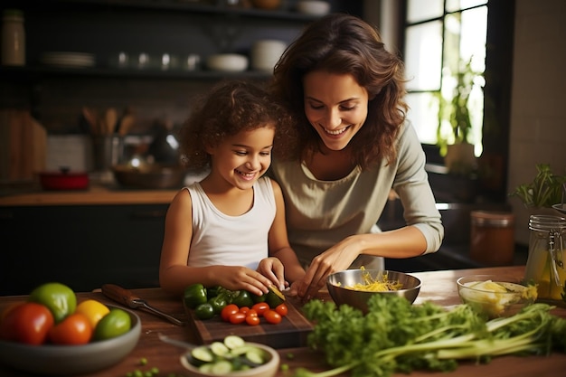 Madre hija Preparación de alimentos saludables IA generativa