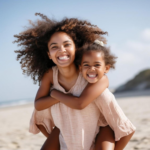 una madre y una hija sonríen en la playa