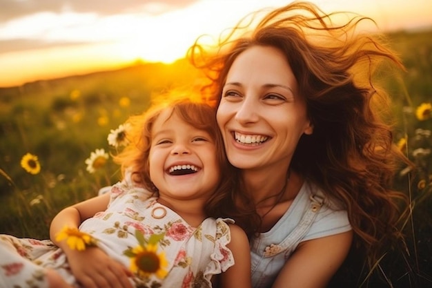 Foto una madre y una hija sonriendo en un campo de girasoles