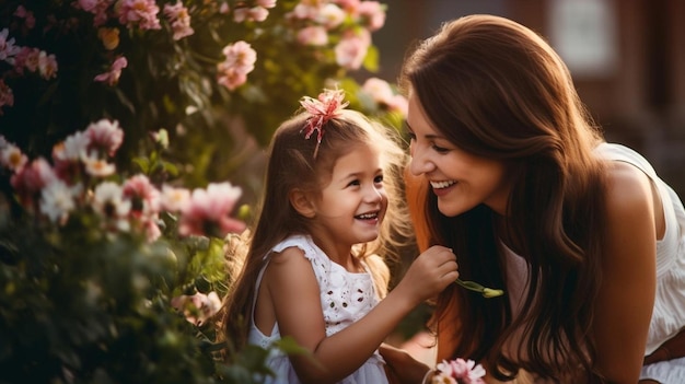 una madre y una hija sonriendo en un jardín con flores