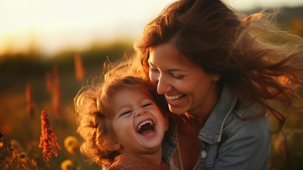 una madre y una hija sonriendo y riendo en un campo de girasoles