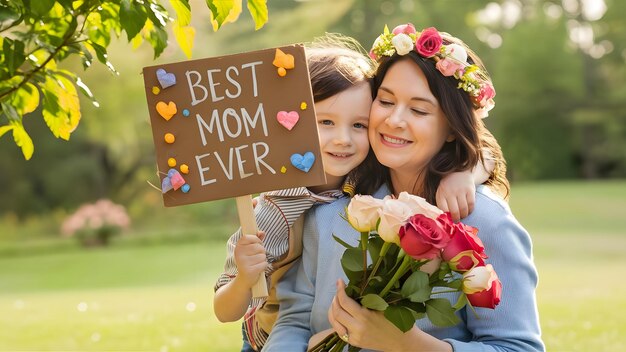 una madre y una hija sosteniendo flores y un letrero que dice la mejor madre de todos los tiempos