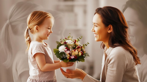 una madre y una hija sostienen flores en sus manos